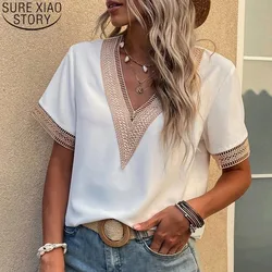 Casual Loose Short Sleeve Women Blouse Tops New Fashion White V Neck Chiffon Women Shirts Female Loose Clothing Blusas 21064