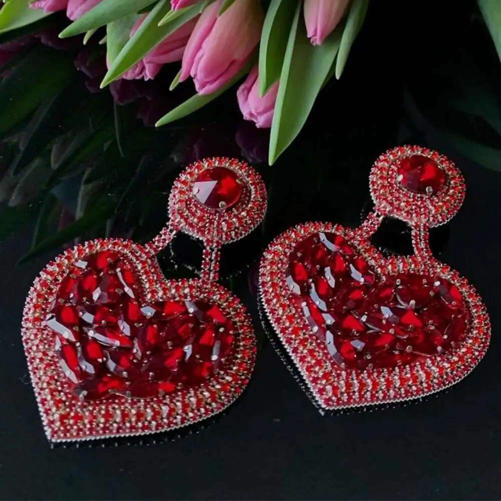 Stonefans Graceful Red Heart Dangle Earrings for Women Statement Jewelry Oversize Pendant Rhinestone Piercing Earrings Handmade