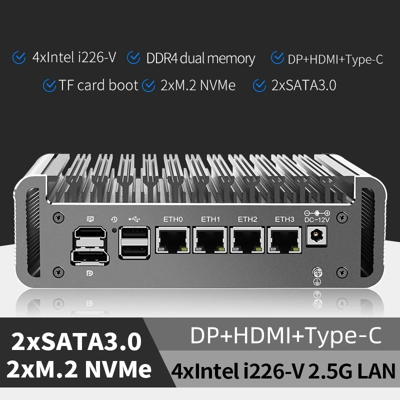 4x i226-V 2.5G LAN Fanless Firewall Mini PC 12th Gen Intel Celeron J6413 Soft Router 2*NVMe 2*SATA Proxmox Computer ESXi AES-NI