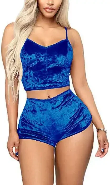 

2024 New Product Design European and American Gold Velvet Sexy Women's Suspender Shorts Pajamas Two-piece Set Maternity Clothes