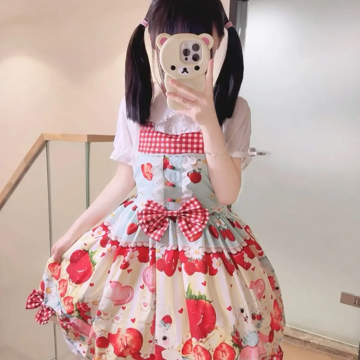 Coalfell【Bolo de Morango】 Saia de alça Lolita JSK original doce e fofa vestido estampado de coelho para mulheres verão