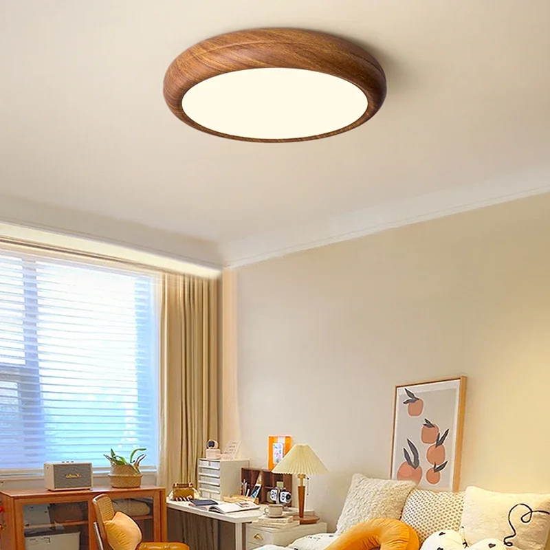 Modern Round Ring Ceiling Lamp For Bedroom Living Room Corridor Children's Room Imitative Wood Chandelier Walnut Color Led Light