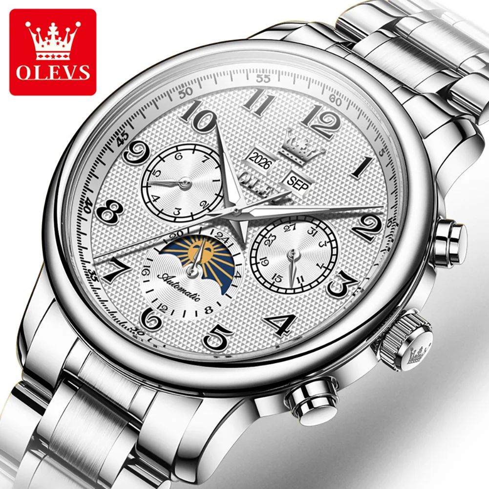 Luxury Silver Men Automatic Watch OLEVS Brand Grid Texture Dial Sun Moon Phase Year Month Full Calendar Stainless Steel Band