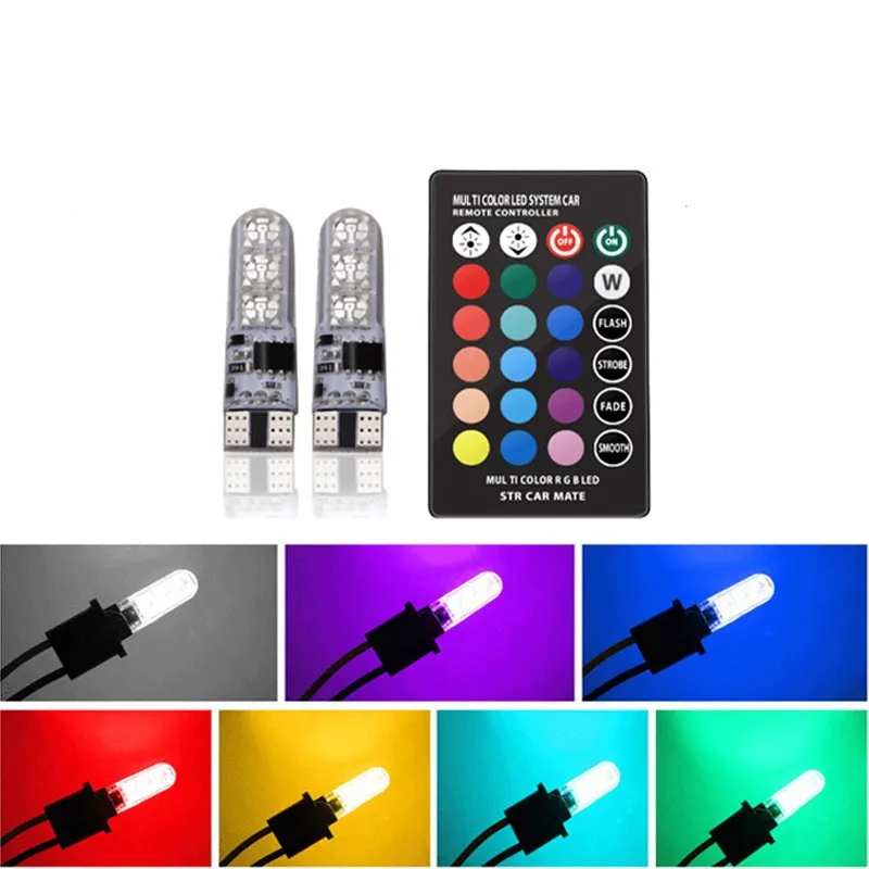 2PCS/set RGB T10 W5W Led 194 168 W5W 5050 SMD Car Dome Reading Light Automobiles Wedge Lamp RGB LED Bulb With Remote Controller