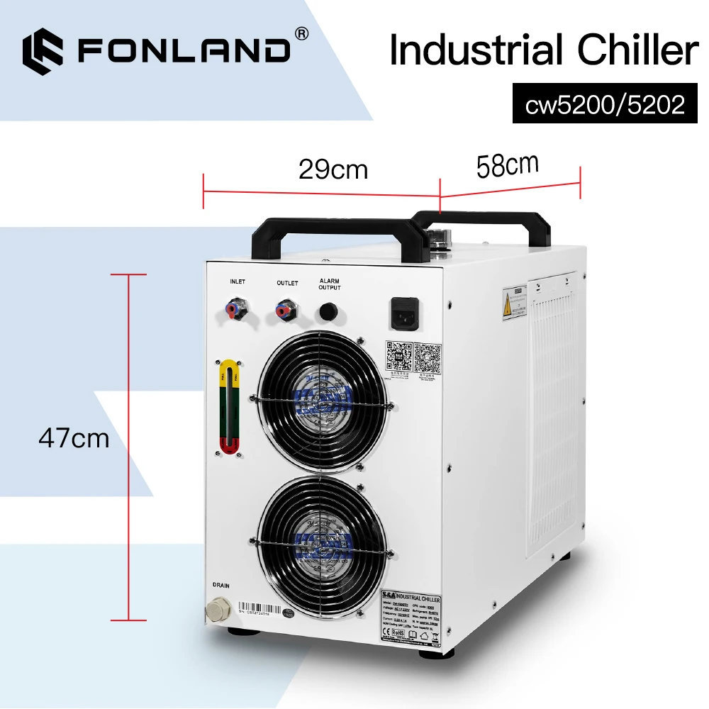 FONLAND S&A CW5200 CW5202 Industry Water Chiller for CO2 Laser Engraving Cutting Machine Cooling 150W Laser Tube