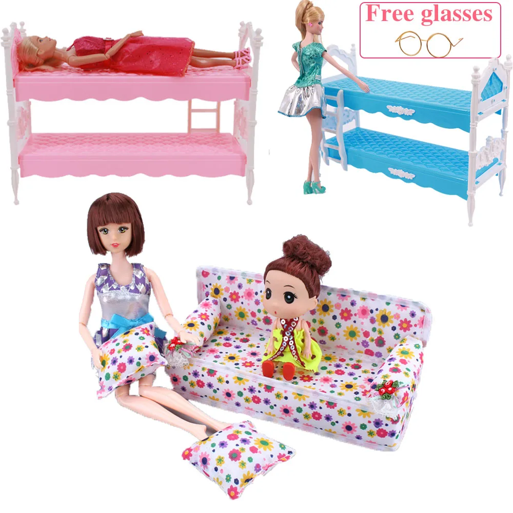 Doll Accessories Mini Sofa Plush Stuffed Furniture Flower Print Baby Toys&2 Cushions&Bouble Bed&Free Glasses Toys For 30CM Dolls