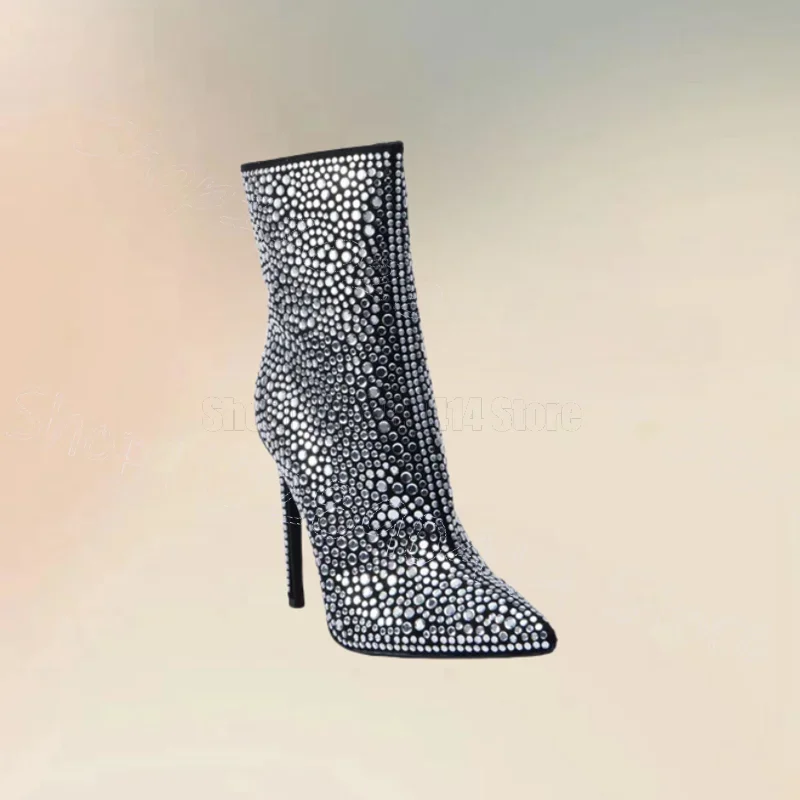 

Silver Rhinestone Pointed Toe Ankle Boots Side Zipper Women Shoes Thin High Heels Party Banquet Dating 2024 Zapatos Para Mujere