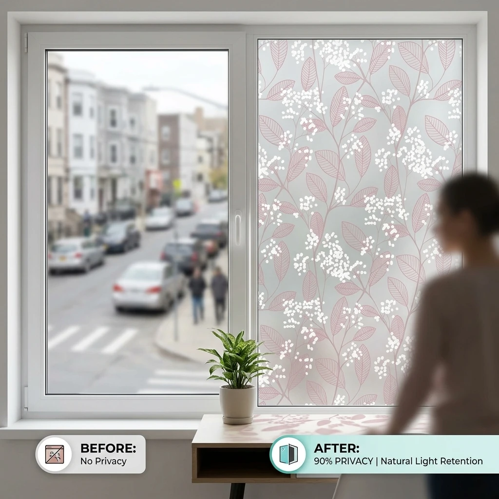 Pink Leaf & White Flower Self-Adhesive Floral Window Film - Frosted Glass Privacy Decorative Tint for Bathroom & Bedroom