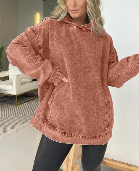 Sweat-shirt en Denim à capuche pour femmes, couleur unie, Texture naturelle, coupe ample décontractée avec poches, haut à manches longues, nouvelle collection automne