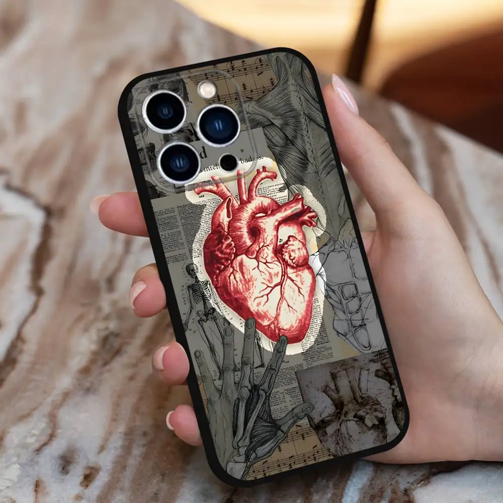 Human Art Anatomy Medische Telefoon Case Voor iPhone 16,15,14,13,12,11 Plus,Pro Max,XS,X,XR,SE,Mini,8,7,Zachte Siliconen Zwarte Cover