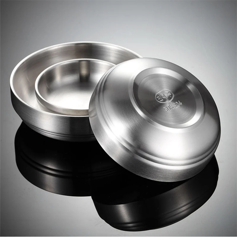 Flat 304 Stainless Steel Bowls Round Fruit Rice Soup Dining Dishes Sauce Bowl Tableware Korean Serving Food Container