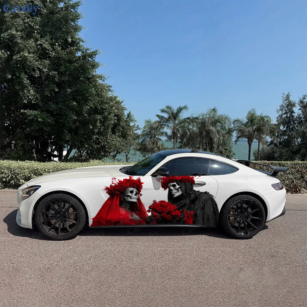 

2pcs Red & Black Rose Skull Bride Car Side Wraps, Self-Adhesive PVC Waterproof & Scratch-Resistant Stickers, Car Accessory Gift