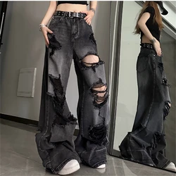 Siyah yırtık kot kadın Harajuku gotik kot Baggy Denim pantolon kore Streetwear günlük pantolon Hip Hop delik kot pantolon