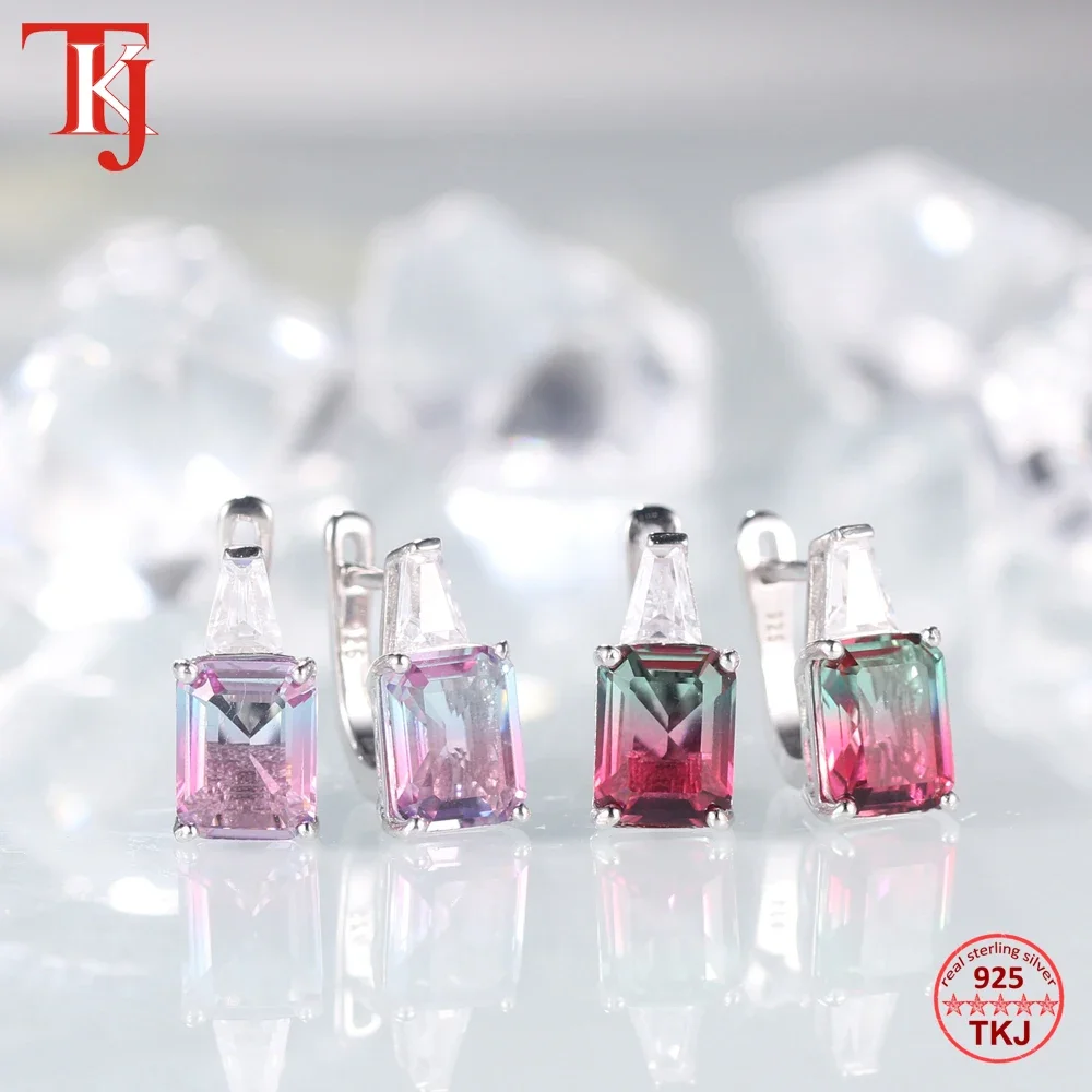 TKJ Bohemian Style Luxury Natural Tourmaline Earrings Square Real 925 Sterling Silver Stud Earrings For Women Beach Travel
