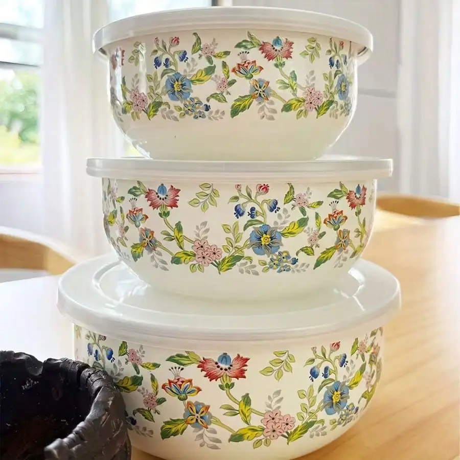 3pcs Multicolor Enamel Sealed Container Set, Food Preservation Bowls, Available In 12/14/16 Sizes, Storage Containerr Fruits And Vegetables, Multipurpose Food Storage,