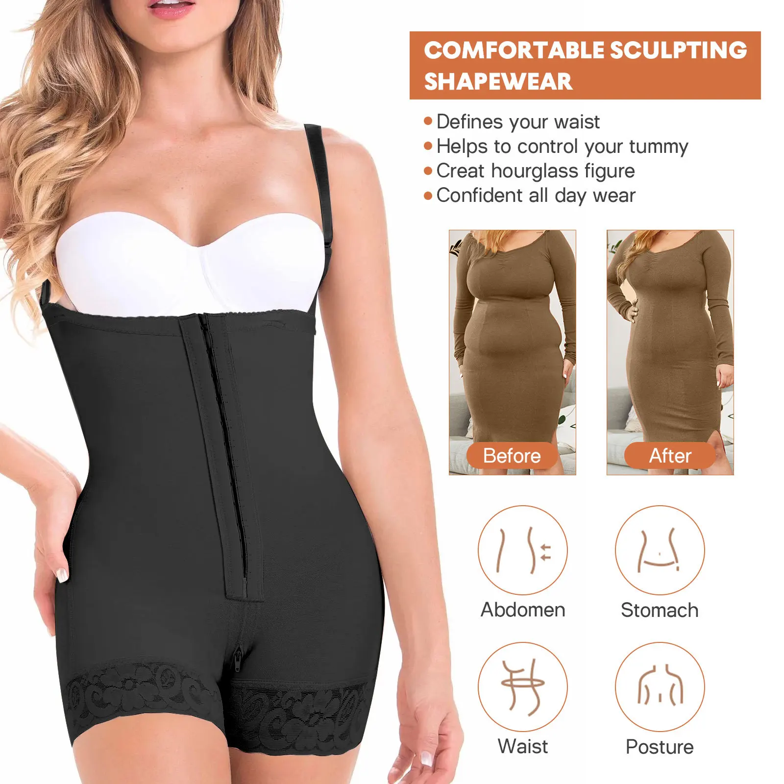 Shapewear bodysuit voor dames Buikcontrole Afslankende lichaamsvormende romper Naadloze hoge taille Ondersteunende pasvorm Comfortabel dragen