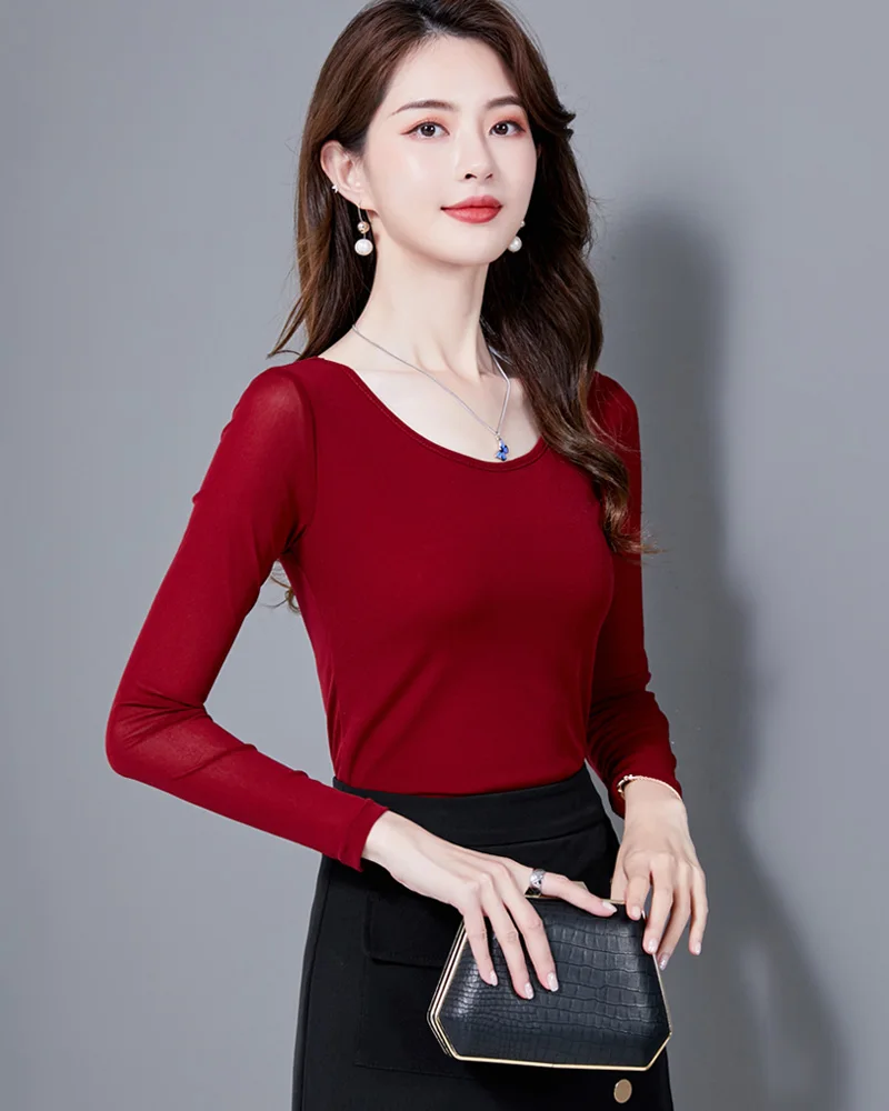 Autumn Spring  Tshirts Women Round Collar Mesh T Shirt Female Long Sleeve Stretchy Slim Tees