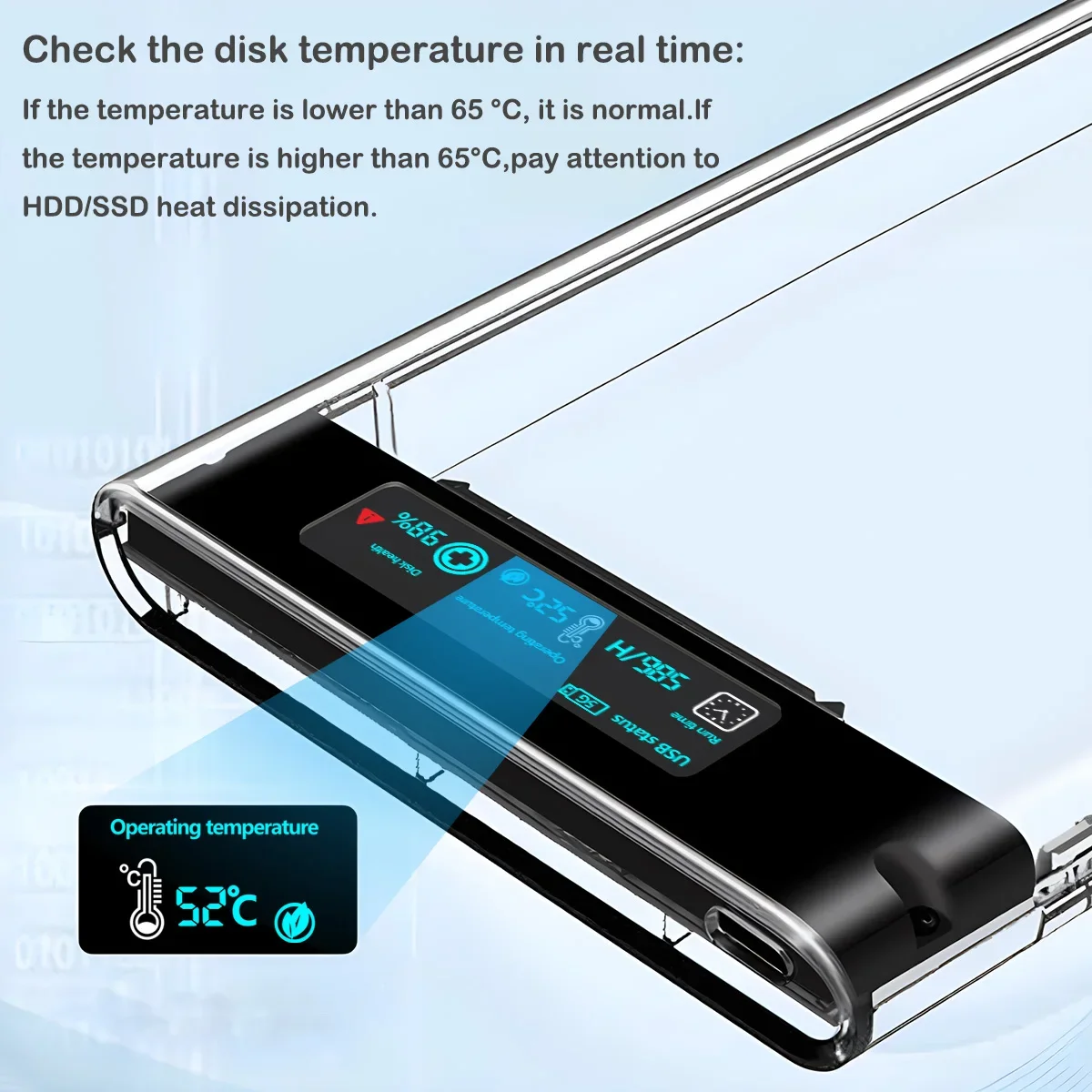 Boîtier de disque dur SSD 2.5 pouces, boîtier de disque dur Transparent avec écran d'affichage SATA vers USB 3.0