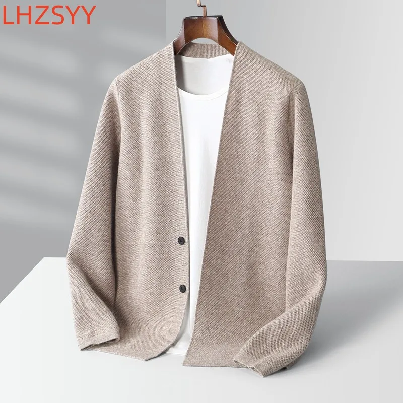 LHZSYY New Cashmere Jacket Men V-Neck Knit Cardigan Autumn Casual Loose Tops Youth Pure Wool Sweater Warm High Quality Coat Men