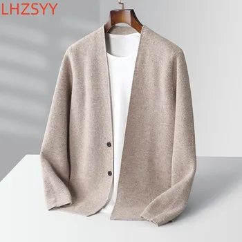 LHZSYY-Cardigã de malha com decote em V masculino, jaqueta de caxemira, tops soltos, suéter de lã pura, casaco quente casual de alta qualidade, outono, novo