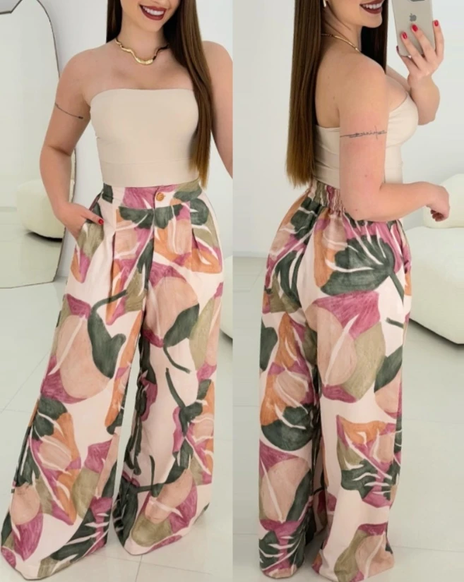 Women's Pants 2025 Spring New Fashion Floral Print Pocket Design Wide Leg Pants Casual Strechy Waist High Waist Daily Pants