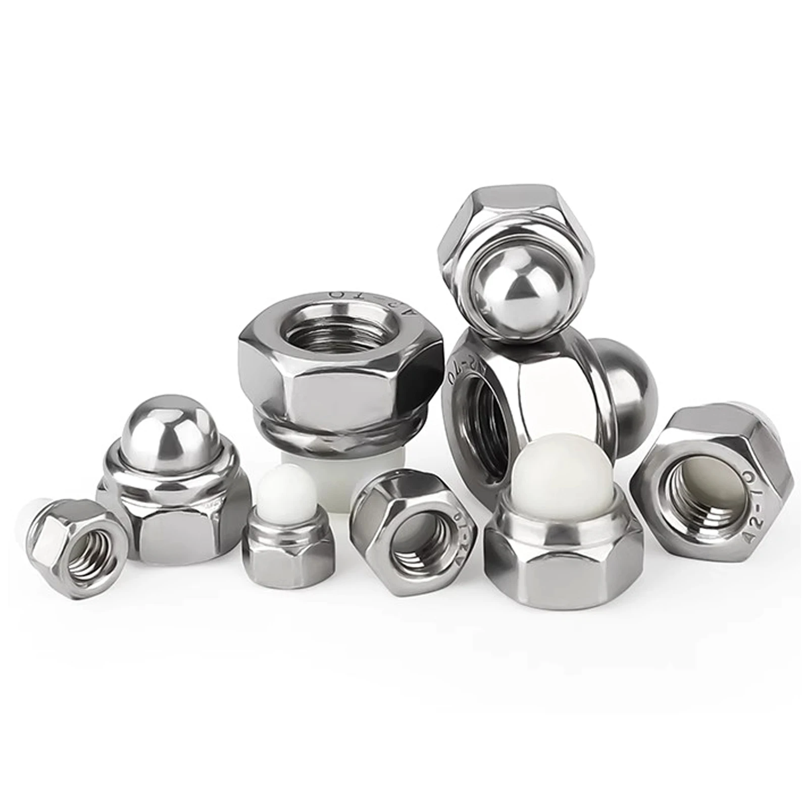 2/5pcs M4~M12 304 Stainless Steel DIN986 Nylon Insert Self-Locking Dome Cap Nut, White Nylon Cover Decorative Anti-Loose Nut