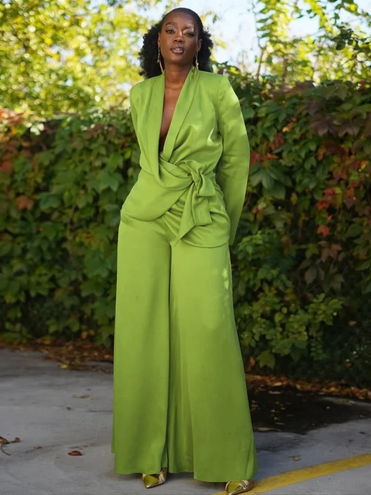 

Wmstar Комплекты из двух предметов для женщин оптом осень и зима однотонный костюм воротник галстук топ кардиган широкие брюки комплект Прямая покупка