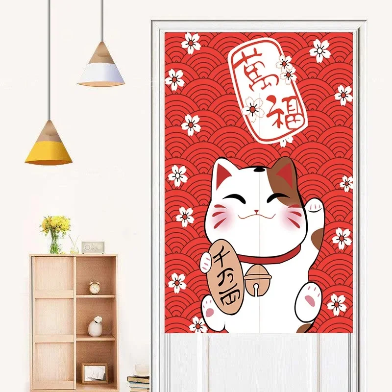 VIKAMA Maneki Neko Noren Door Curtain Lucky Cat Print Fabric Partition Curtain for Home Restaurant Shop Decor