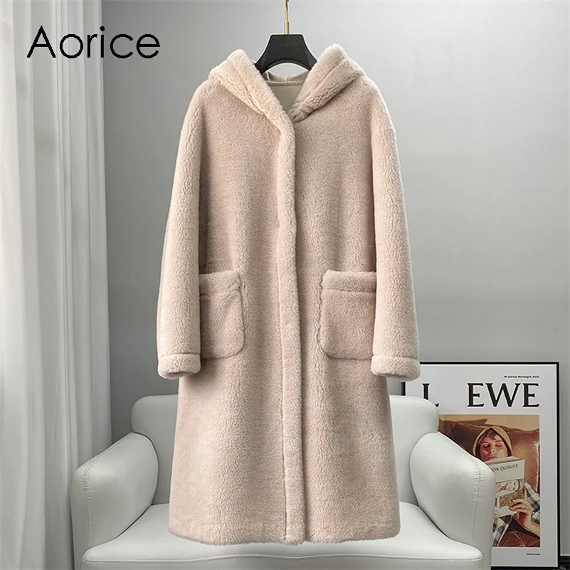 

Aorice Women Real Wool Fur Long Coat Jacket Trench Winter Warm Female Sheep Shearing Over Size Parka CT2137