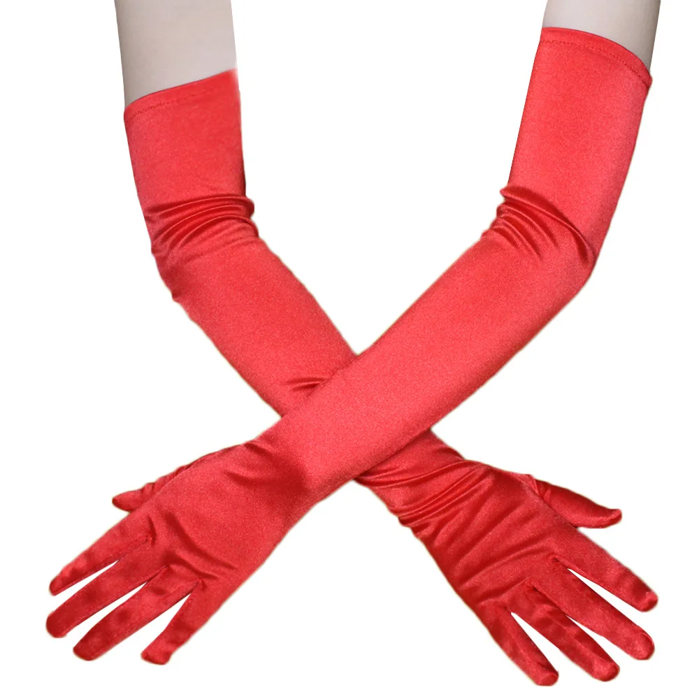 Classic Adult Black White Red Skin Opera Elbow Wrist Stretch Satin Finger Long Gloves for Women Flapper Gloves Matching Cosplay