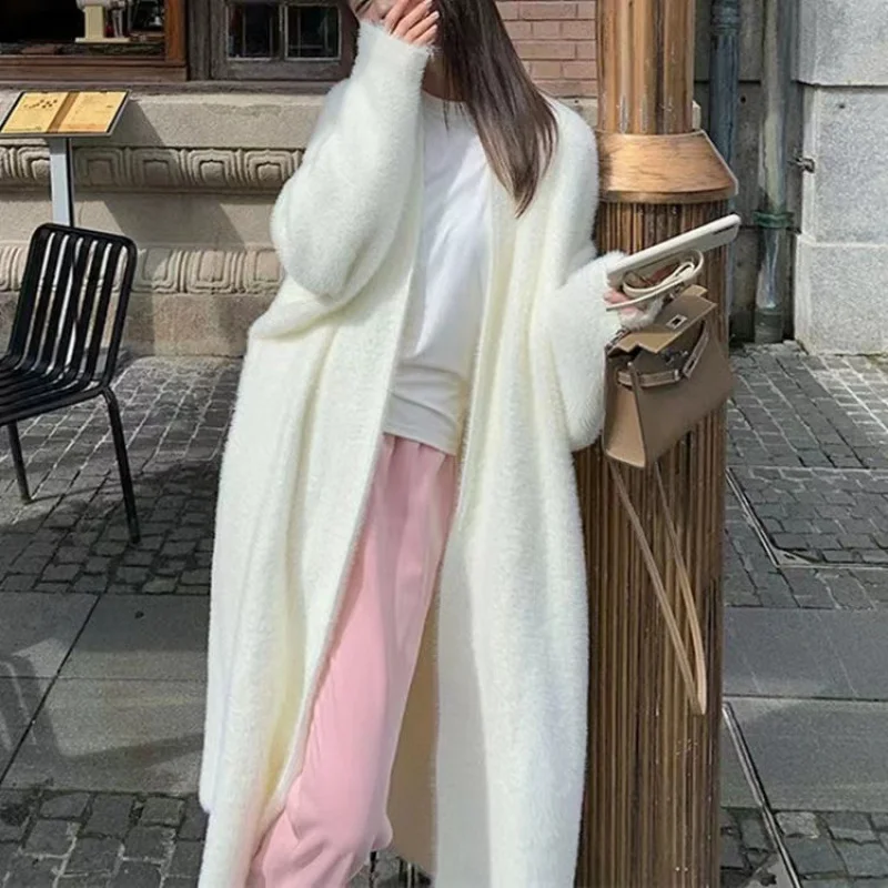 Idle Style Long below the Knee Artificial Mink Fur Sweater Female Loose Retro Solid Color Knitted Cardigan Coat