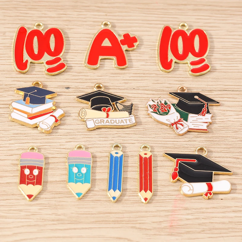 10pcs Enamel Graduation Charms Alloy Pencil Trencher Cap Charms Pendant for Jewelry Making Earrings Necklace DIY Crafts Supplies