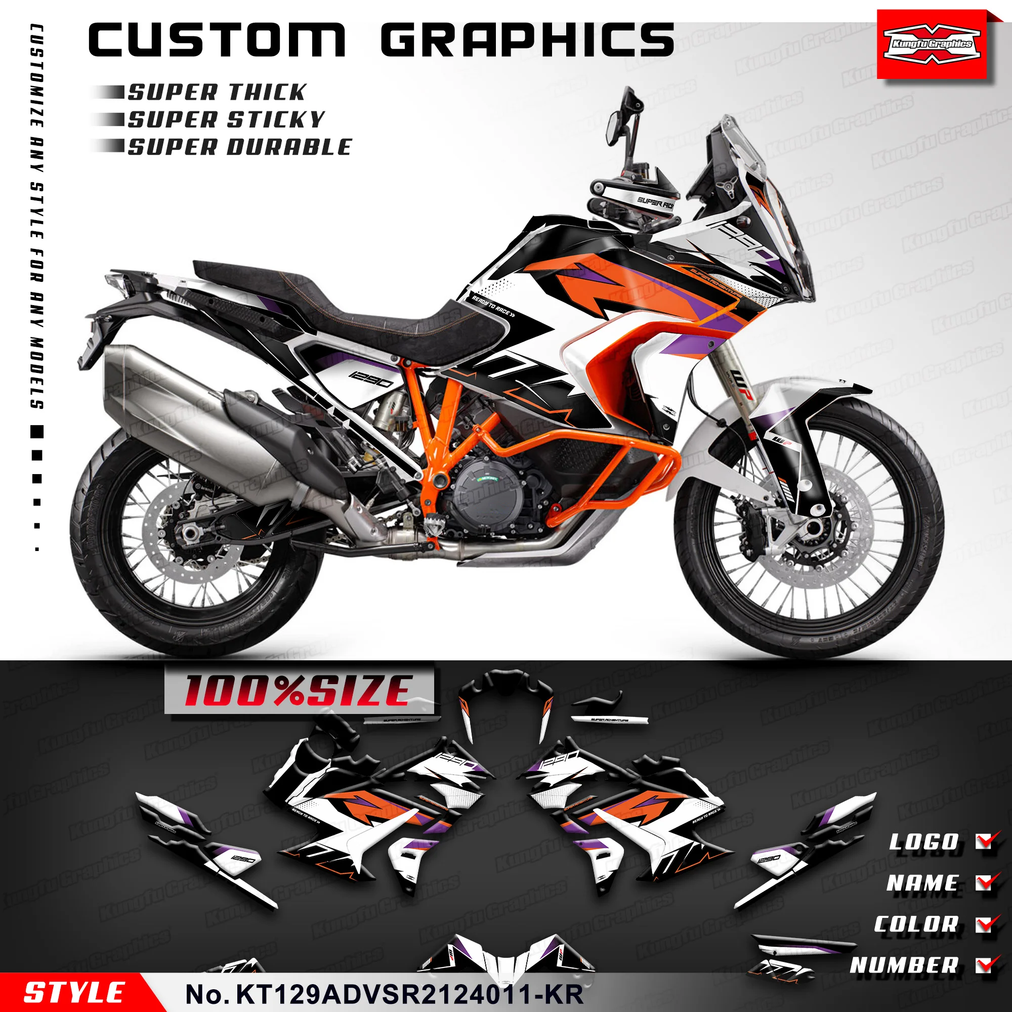 

KUNGFU GRAPHICS Stickers Adhesive Decals for KTM 1290 Super Adventure S / Super ADV R 2021 2022 2023 2024, KT129ADVSR2124011-KR