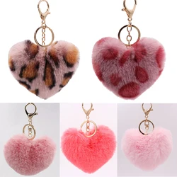 Pompom Heart Keychain for Women Lady Bag Charms Leopard Pattern Plush Colorful Peach Heart Pendant Keyring Bag Decoration Gift