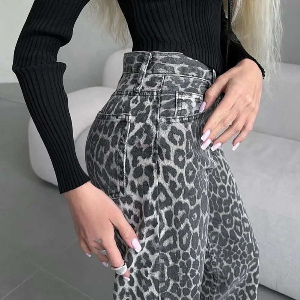 Women Leopard Print Jeans High Waist Button Zipper Fly Wide Leg Long Trousers Loose Fit Long Pants Baggy Jeans Pantalones