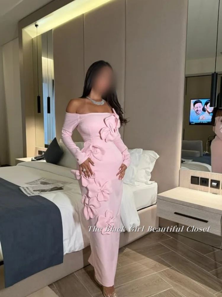 Customized Light Pink Appliqued Prom Dress Snap Shoulder Long Sleeve Bodycon Appliqued Large Flower Embellished Ankle Arab