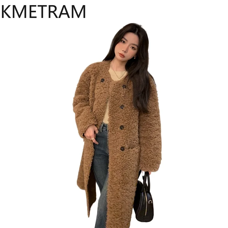 

KMETRAM 100% Real Wool Jackets Women Premium Long Sheep Shearing Jacket Stylish Winter Fur Coat Woman Clothing 106cm 2026 casaco