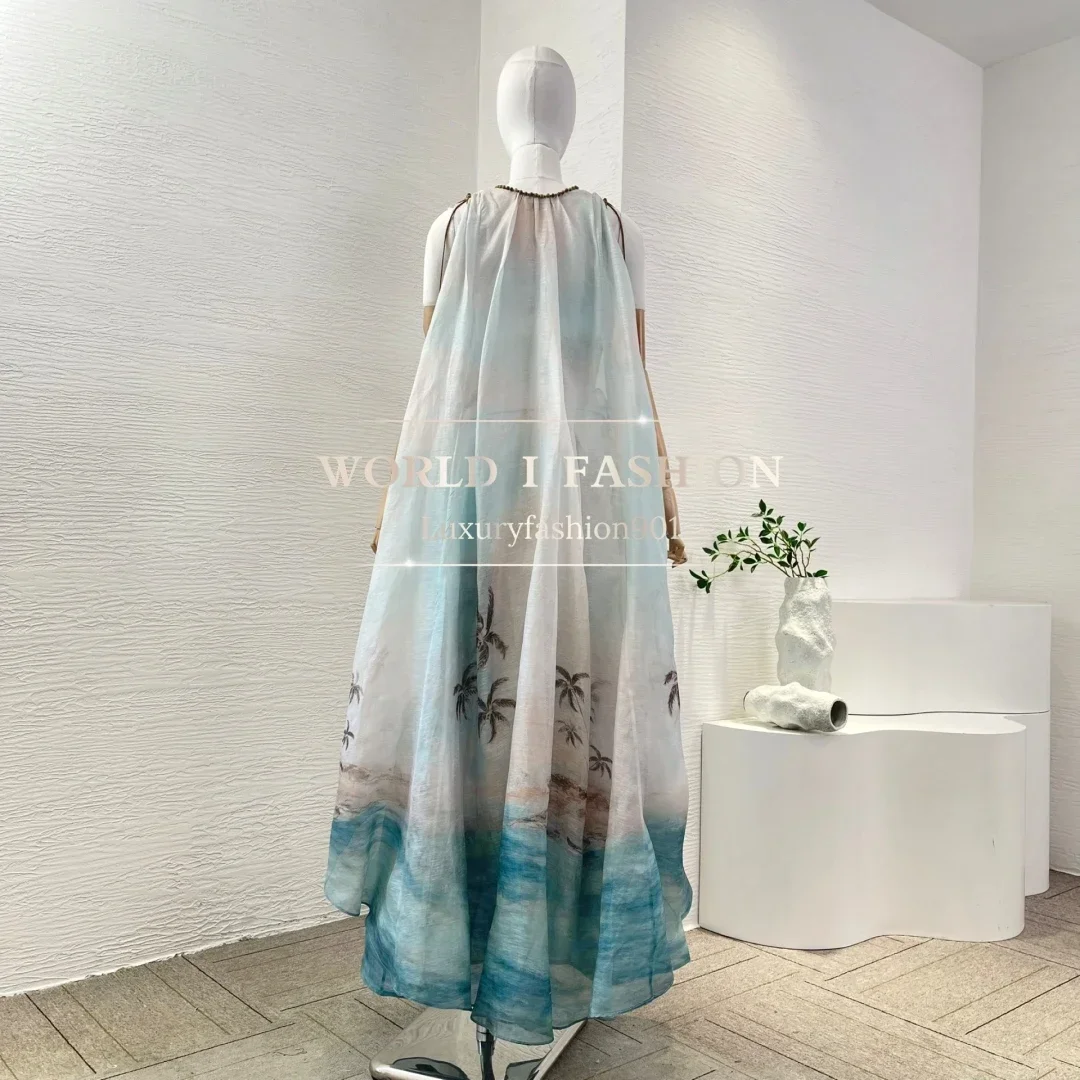 

Beading Deep V Neck Maxi Dress 2025 High Quality Blue Coconut Trees on The Beach Print Sleeveless
