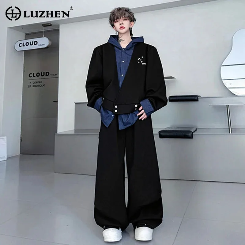 

LUZHEN двухслойное искусственное пальто из двух предметов с капюшоном, мужская модная уличная одежда, новинка 2025, мешковатые повседневные брюки с широкими штанинами, комплекты JY4488