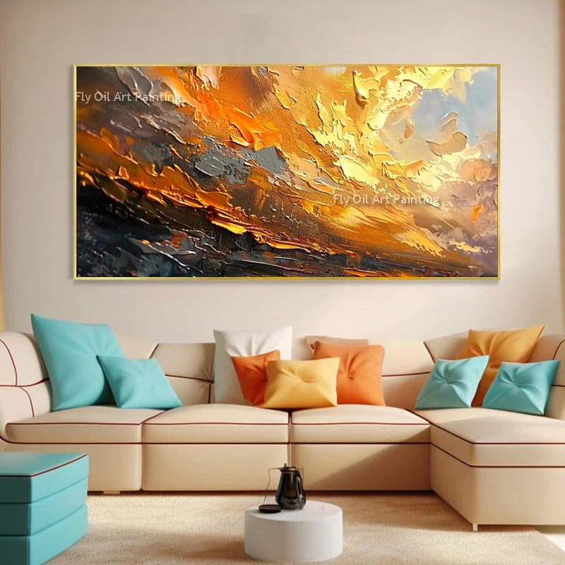 Large Handmade Abstract Landscape Oil Painting Palette Knife Sunset Canvas Wall Art Modern Horizontal Pictures for Living Room