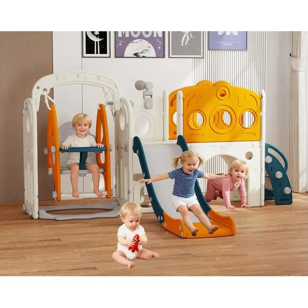 All-in-One Toddler Swing and Slide Set for Ages 1-3, Playset with Basketball and Telescope, Suitable for Indoor and Outdoor Use