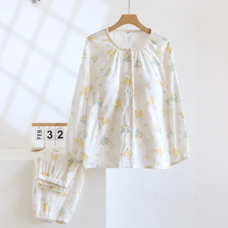 

2026 Spring and Autumn New Women's Pajama Set 100% Cotton Gauze with Chest Mat Long Sleeve Cardigan Home Clothes Two Piece Set