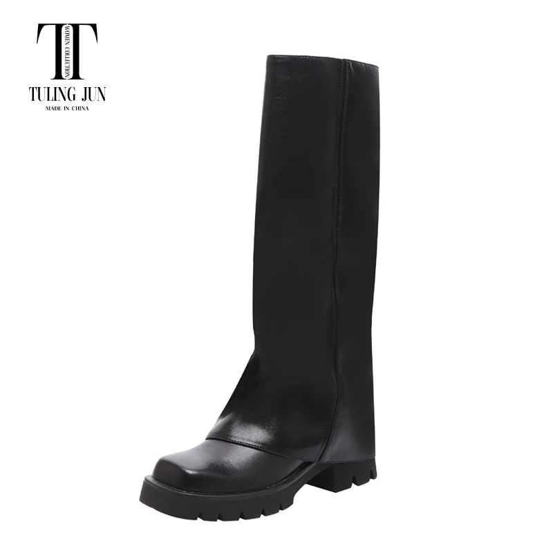 TULING JUN 2023 Winter Women's Shoes Square Toe Thick Medium Heels Daily Simple Handsome High Boots For Women FL-A770