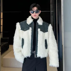 IEFB Niche Design Men's Faux Fur Coats Turn-down Collar Denim Patchwork Fake Mink Hair Loose Male Jackets Autumn Winter 9C8187