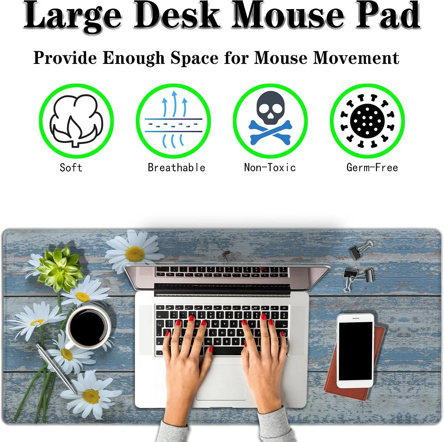 White Daisy Large Gaming Mouse Pad,Daisies Distressed Blue Rustic Wooden Board Art Pattern, Non‑Slip Mat For PC Laptop Home Desk