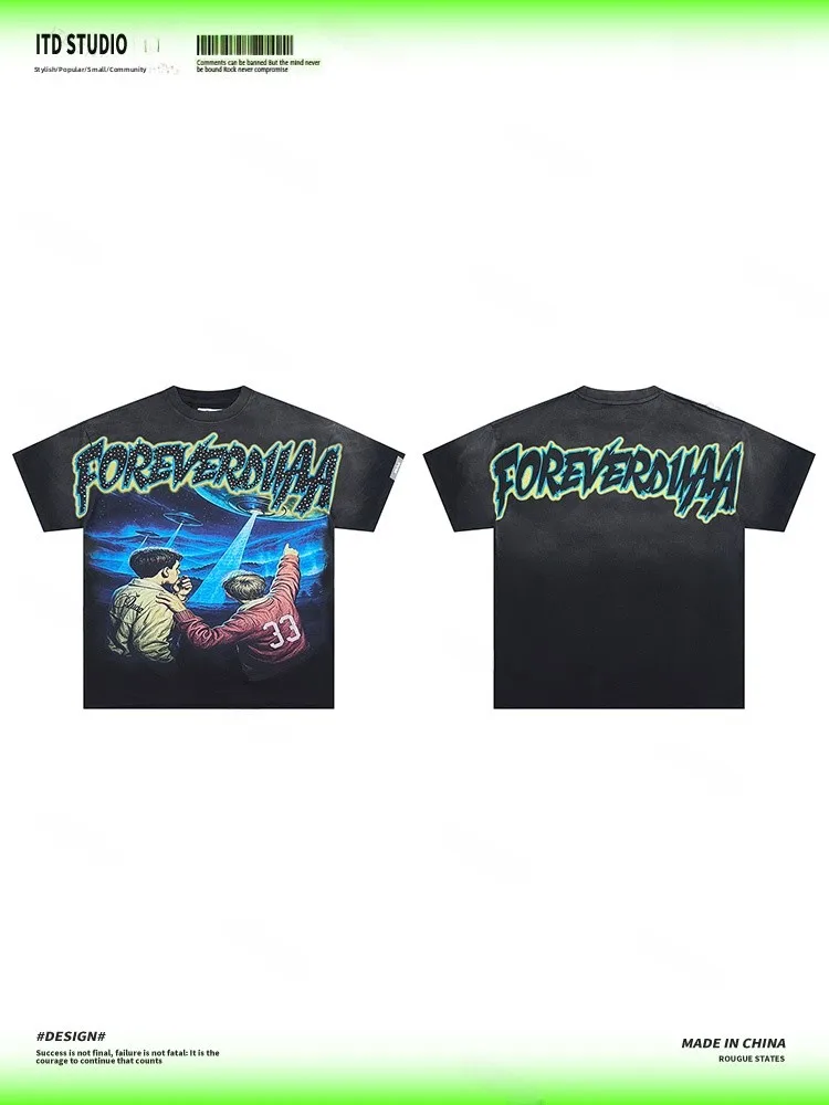 DUAA Series Graffiti Print Short Sleeve T-Shirt Diamond Glitter Unisex High Street Fashion Casual Cotton round Neck Top