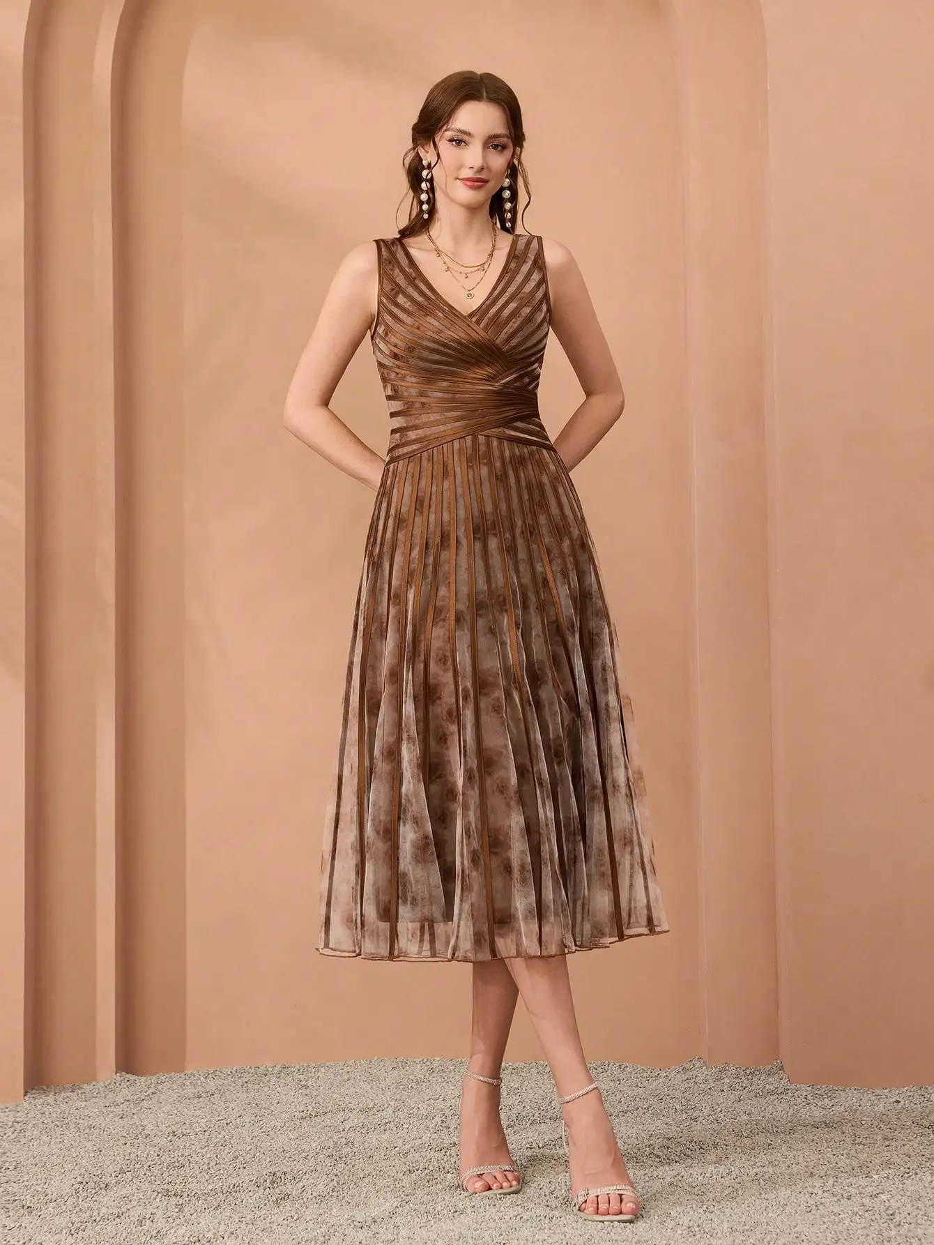 Mgiacy (non-structured flower) V-neck printed netted drawstring long dress for high-end evening events