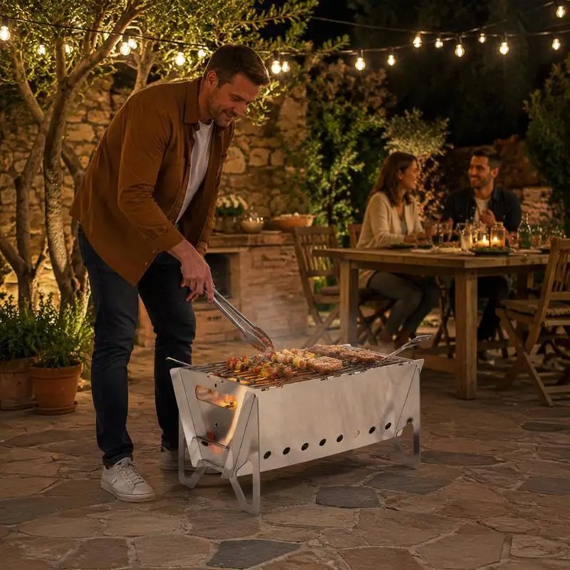 Brasero de camping en métal argenté 42 x 22 x 18 cm, foyer portable pour feu de bois et charbon, barbecue d'extérieur pour camping, pique-nique, terrasse, jardin et patio, design pratique, vie en plein air, équipement de camping, réunion de famille