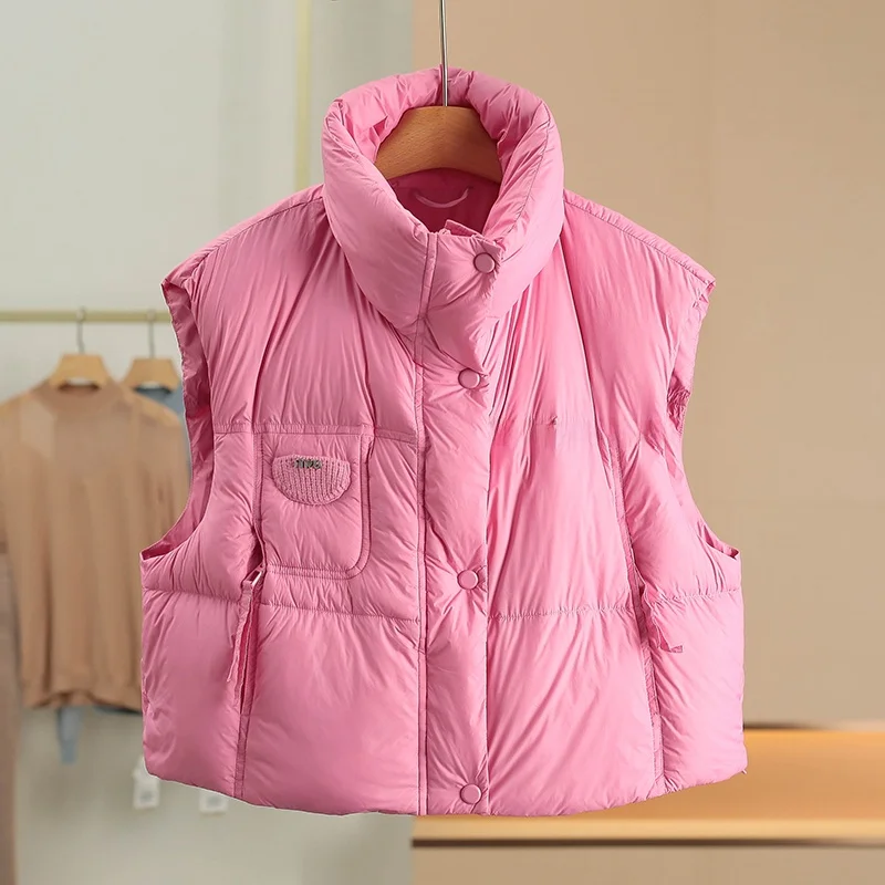 

White Pure Color Stand Collar down Vest Women's Winter Fashion Anti Wind Light Weight Short Style Zipper Closure Duck down Vest