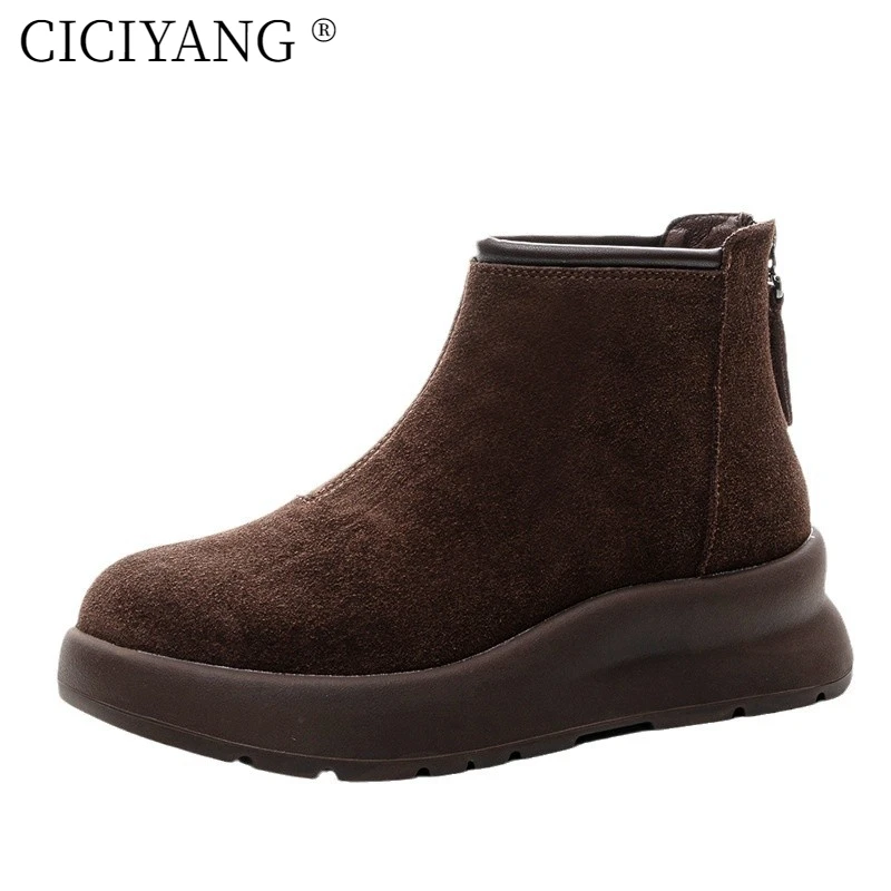 

CICIYANG Plus Size 35-43 Woman Frosted Cowhide Short Boots 2025 New Autumn and Winter Thick-soled Retro Chelsea British Boots